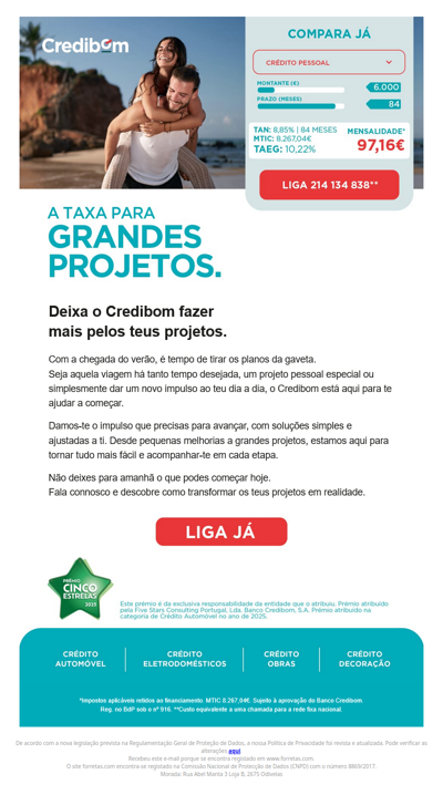 Crédito pessoal – 6 000€ por 97,16€ /mês. Simule já em Credibom.pt e receba aprovação em 24h.