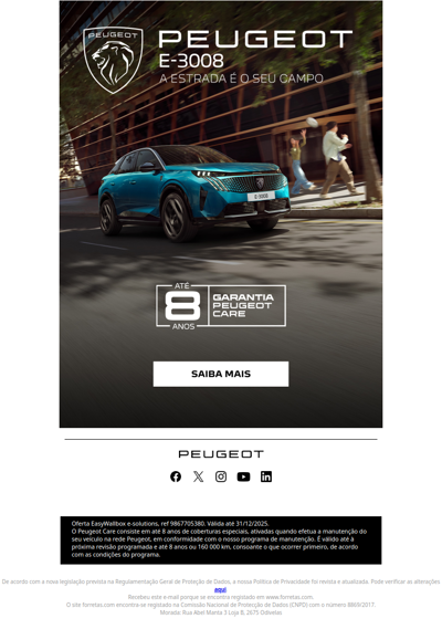 Venha conhecer o E-3008! Até 8 anos de garantia Peugeot Care.