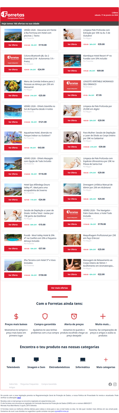 110€ por VERÃO 2026 - Descanse em frente à Ria Formosa em Hotel | 24€ por Coluna Bluetooth JBL Go 2 Essential (3 W - Autonomia: | 25€ por Menu de Comida Indiana para 2 Pessoas ao Almoço por