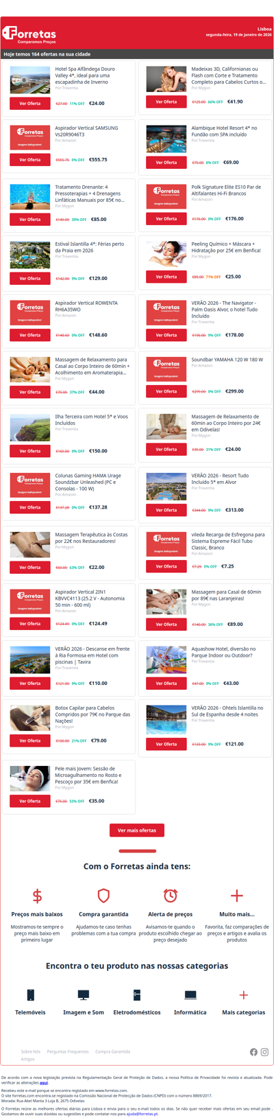 24€ por Hotel Spa Alfândega Douro Valley 4*, ideal para uma | 555€ por Aspirador Vertical SAMSUNG Vs20R9046T3 | 85€ por Tratamento Drenante: 4 Pressoterapias + 4 Drenagens