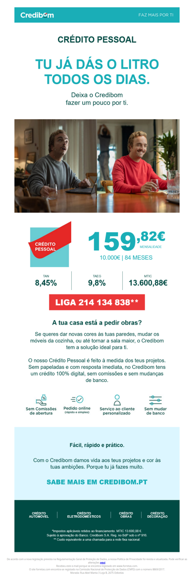 Crédito pessoal – 6 000€ por 97,16€ /mês. Simule já em Credibom.pt e receba aprovação em 24h.