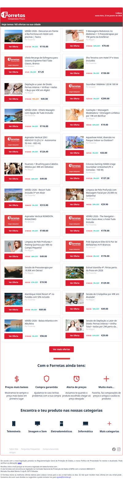 110€ por VERÃO 2026 - Descanse em frente à Ria Formosa em Hotel | 7€ por vileda Recarga de Esfregona para Sistema Espreme Fácil | 45€ por Depilação a Laser de Diodo: Pernas inteiras + Virilhas