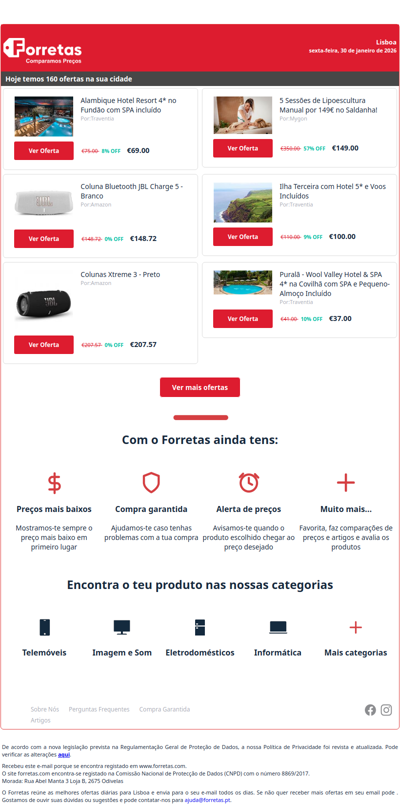 69€ por Alambique Hotel Resort 4* no Fundão com SPA incluído | 148€ por Coluna Bluetooth JBL Charge 5 - Branco | 207€ por Colunas Xtreme 3 - Preto
