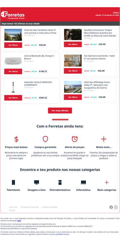 38€ por Hotel do Mar, Fantástico Hotel 4* com piscinas e vistas | 148€ por Coluna Bluetooth JBL Charge 5 - Branco | 549€ por Aspirador Vertical SAMSUNG Vs20R9046T3