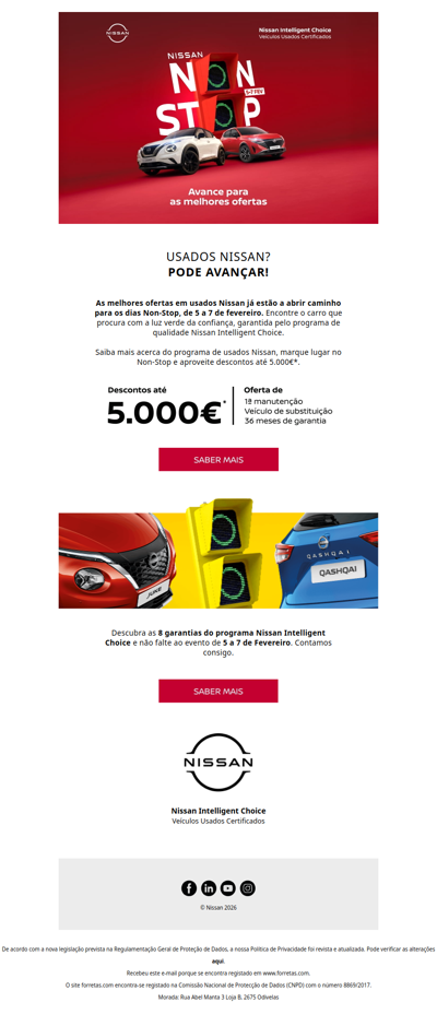 Não perca as oportunidades únicas em usados Nissan. Só de 5 a 7 de Fevereiro até 5.000€ de desconto.