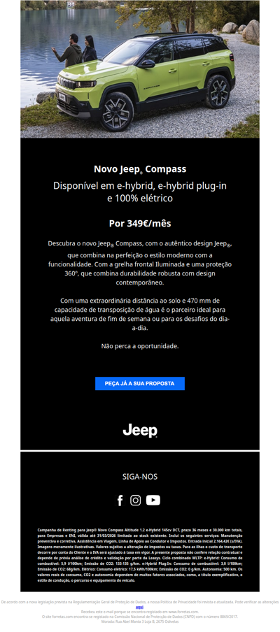 Novo Jeep® Compass por 349€/mês.