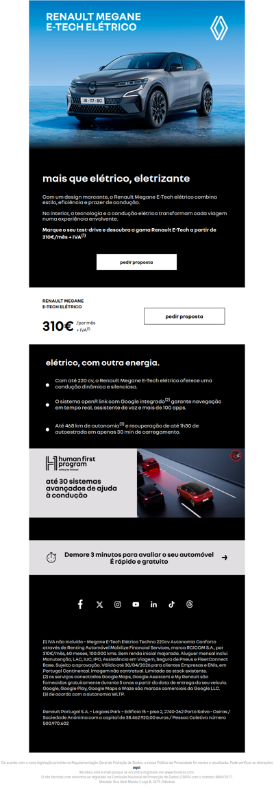 Renault Megane E-Tech elétrico por 310€/mês + IVA.