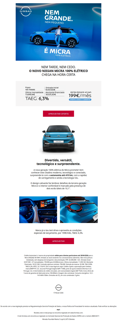 Descubra o Novo Nissan Micra 100% elétrico. Desde 199€/mês.