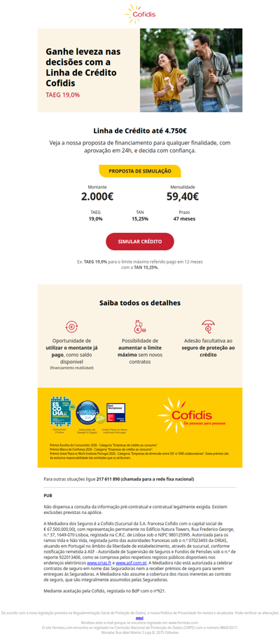 Linha de Crédito Cofidis: 2.000€ por 59,40€/mês. Simule já em cofidis.pt.