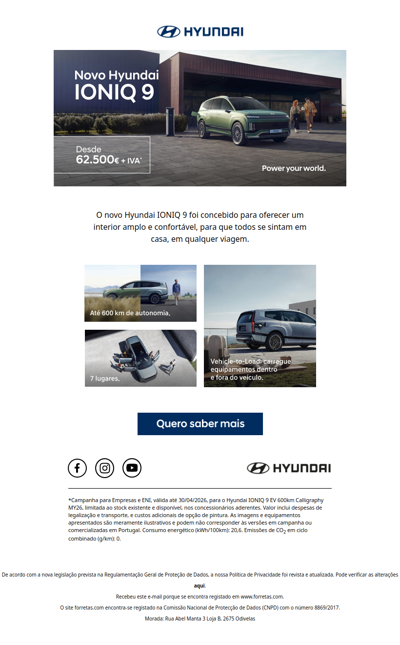 Novo IONIQ 9. 7 lugares. 600 km. Conheça-o agora.