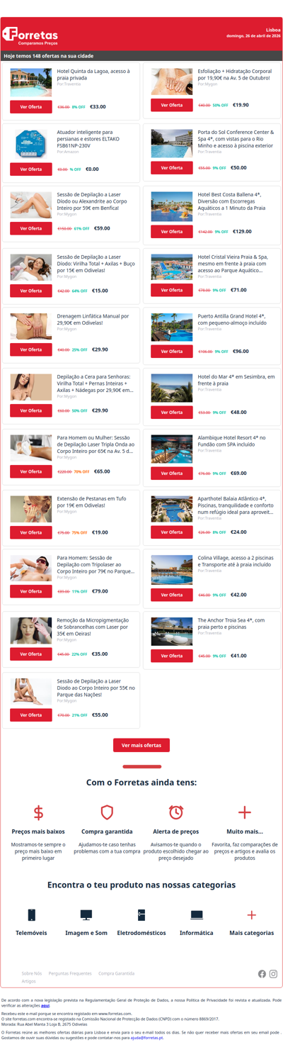 33€ por Hotel Quinta da Lagoa, acesso à praia privada | 0€ por Atuador inteligente para persianas e estores ELTAKO | 59€ por Sessão de Depilação a Laser Díodo ou Alexandrite ao