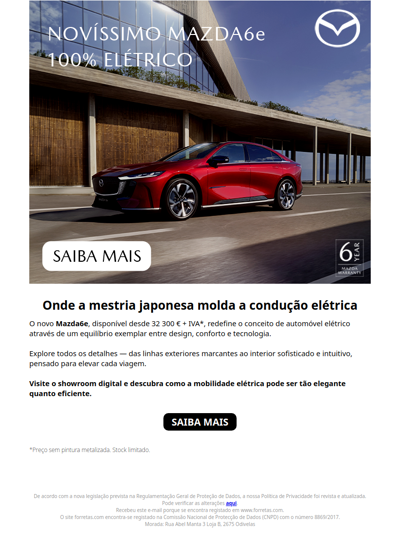 Descubra o novo Mazda6e desde 32 300 € + IVA*. O futuro da mobilidade elétrica.