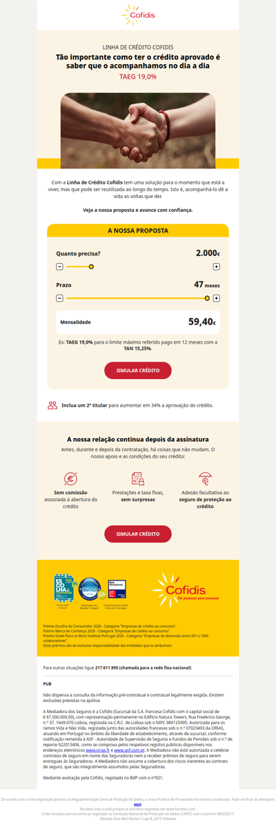Linha de Crédito Cofidis: 2.000€ por 59,40€/mês. Simule já em cofidis.pt.