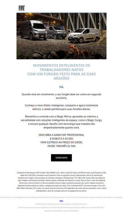 Descubra a gama FIAT PROFESSIONAL: e-Doblò e e-Scudo desde 199€/mês (s/ IVA).