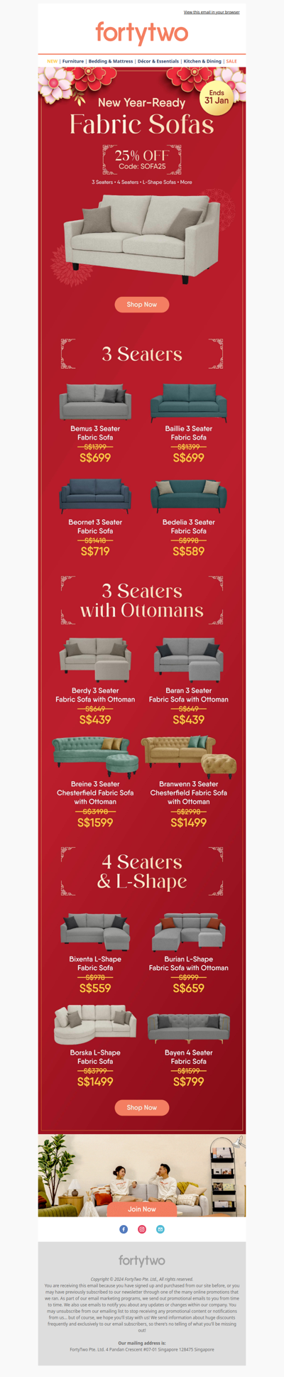 🛋️ Extra 25% OFF Fabric Sofas For CNY!