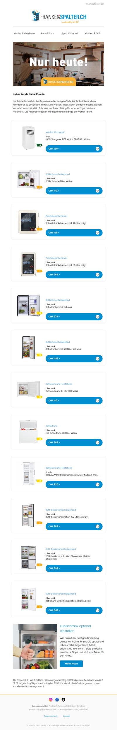 Nur heute: Kühlschränke und Klimagerät im Angebot