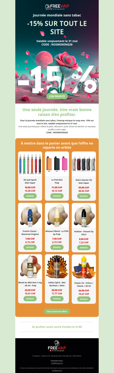 🌍 Journée mondiale sans tabac : -15% sur tout Freevap, aujourd’hui seulement