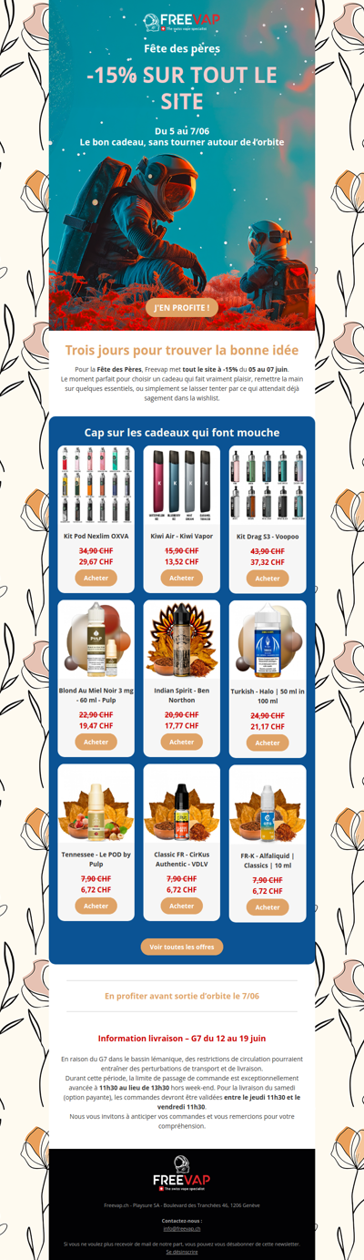 🎁 Fête des Pères : -15% sur tout le site du 05 au 07/06