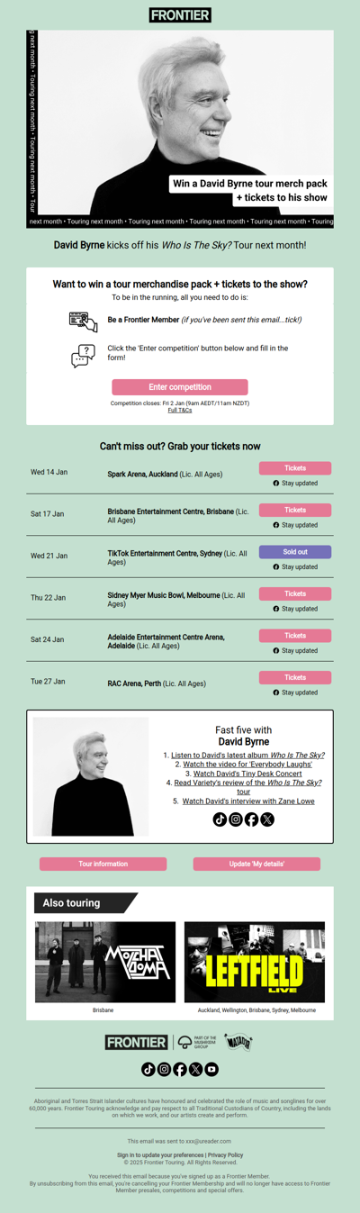 💚 Win a David Byrne tour merch pack + tickets to his show!