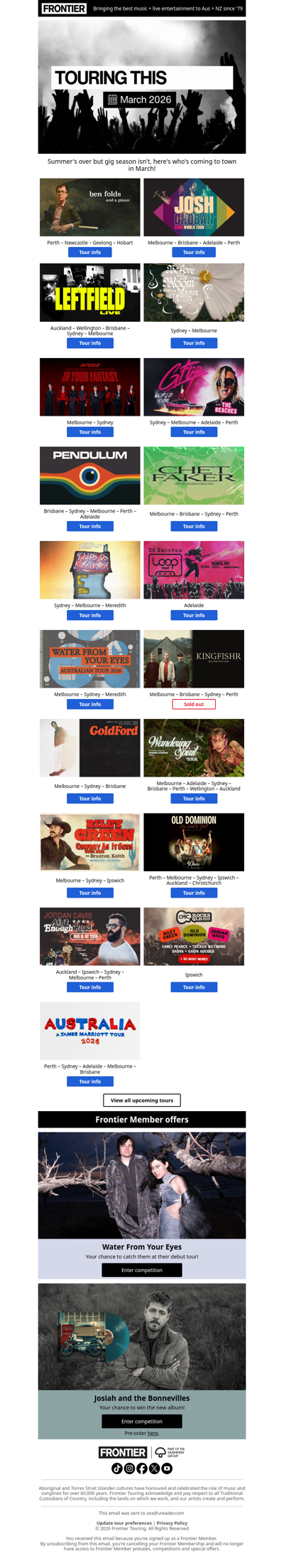 Touring in March 🗓️ Ben Folds, Josh Groban, Leftfield + more