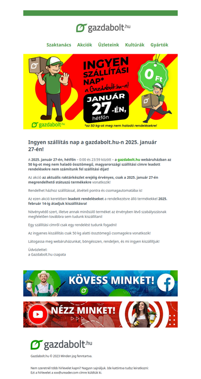 Ingyen szállítás nap  2025. január 27-én a gazdabolt.hu-n! Már csak 1 nap!