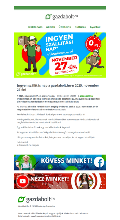 Ingyen szállítás nap 2025.11.27-én csütörtökön, a Gazdabolt.hu-n! MÁR CSAK 2 NAP!