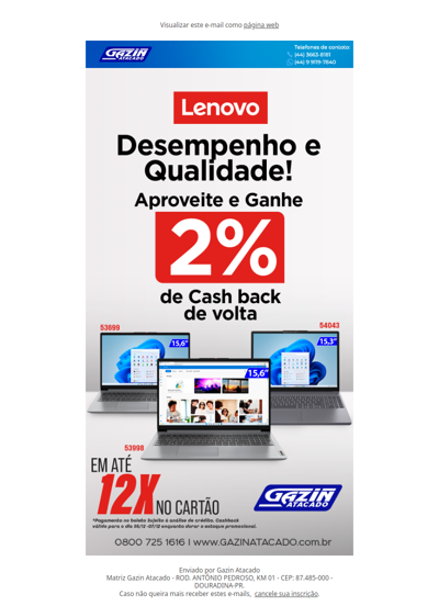 Oferta exclusiva na linha Lenovo - Ganhe 2% de Cash Back!