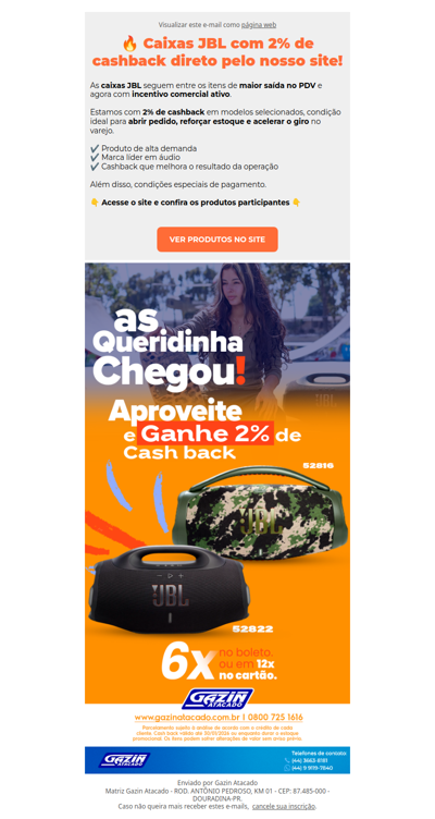 GAZIN ATACADO: Caixas JBL com 2% de CASHBACK direto em nosso site. 💻
