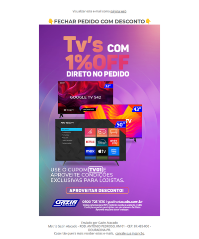 Cupom TV01 válido hoje ou enquanto durar o estoque. 🔥