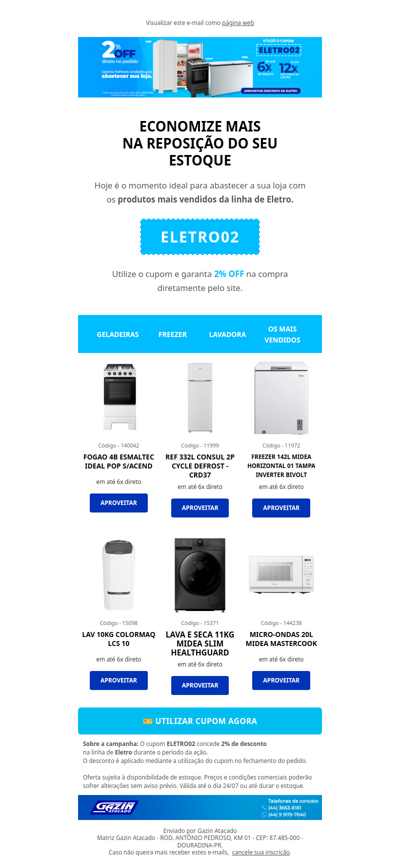 2% OFF em Eletro! Aproveite o cupom ELETRO02