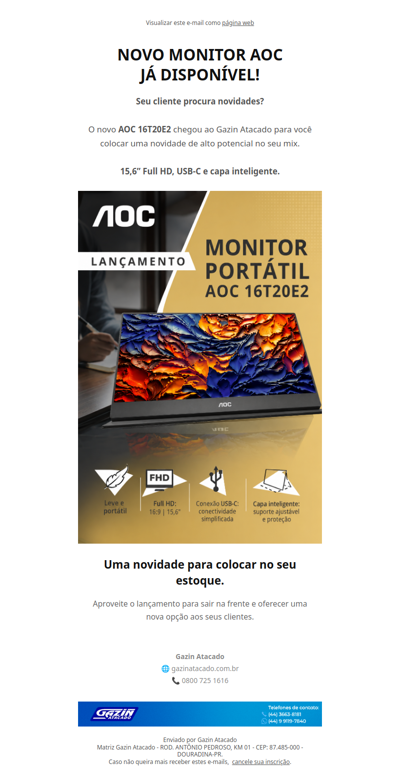 NOVIDADE: novo monitor AOC já disponível no Gazin Atacado