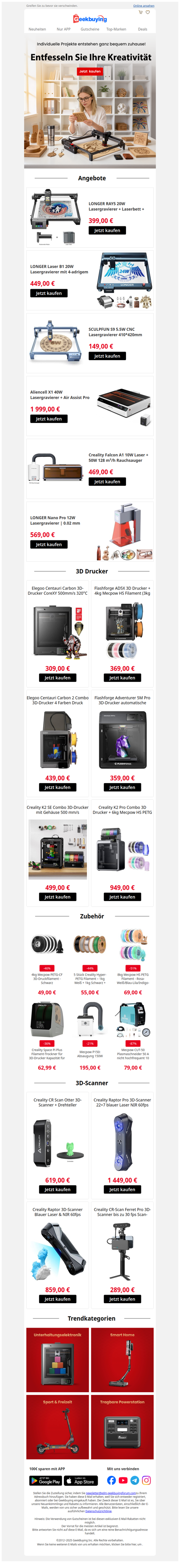 🎇Auf die Plätze, fertig, kreieren! Lasergravurmaschinen und 3D-Drucker im Angebot.✨