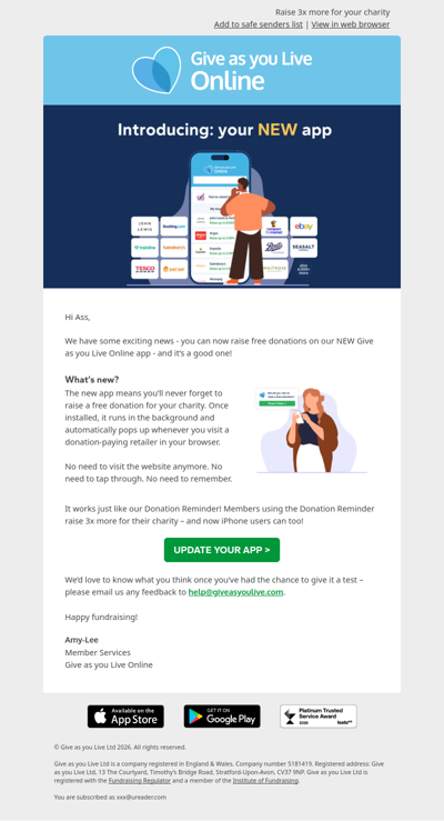 We just upgraded your Give as you Live App
