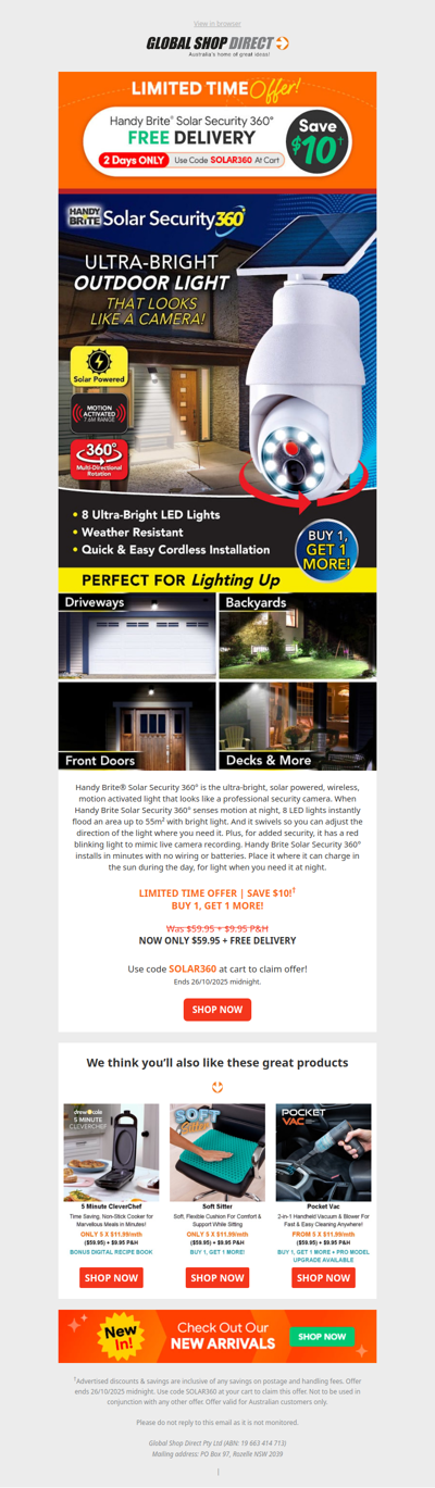 Enjoy Free Delivery on Handy Brite® Solar Security 360°!