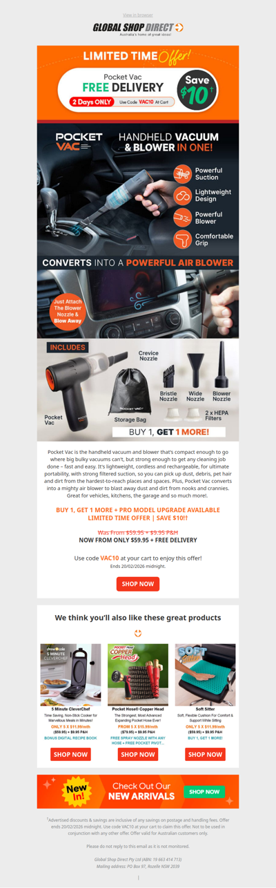 Free Delivery on Pocket Vac! 2 Days Only