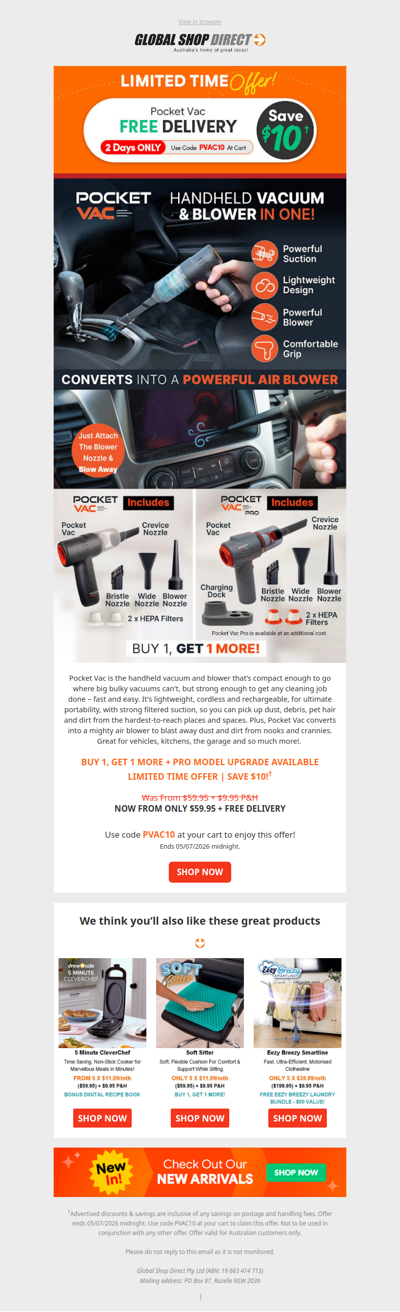 Free Delivery on Pocket Vac! 2 Days Only