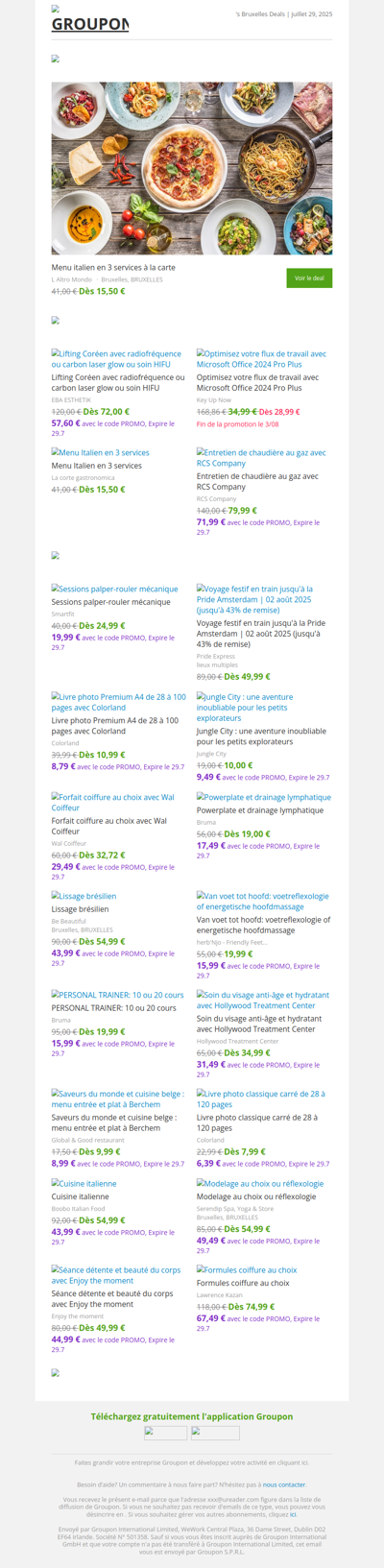 Menu italien en 3 services à la carte / Soin visage