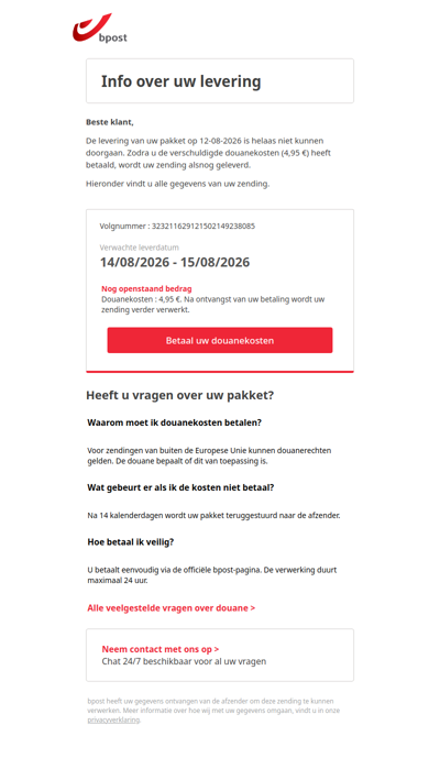 Actie vereist: douanekosten voor uw zending 323211629121502149238085