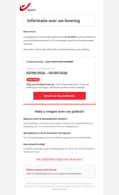 Betaling douanekosten – uw pakket wacht op levering (tracking 3232116291) #040289
