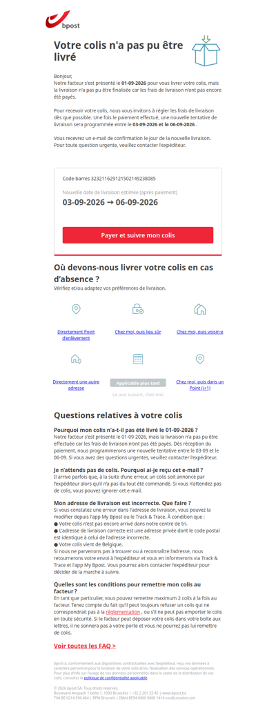 🚚 Colis non livré le 01/09 – Paiement requis pour nouvelle livraison entre le 03/09 et le 06/09 [ 189940 ]
