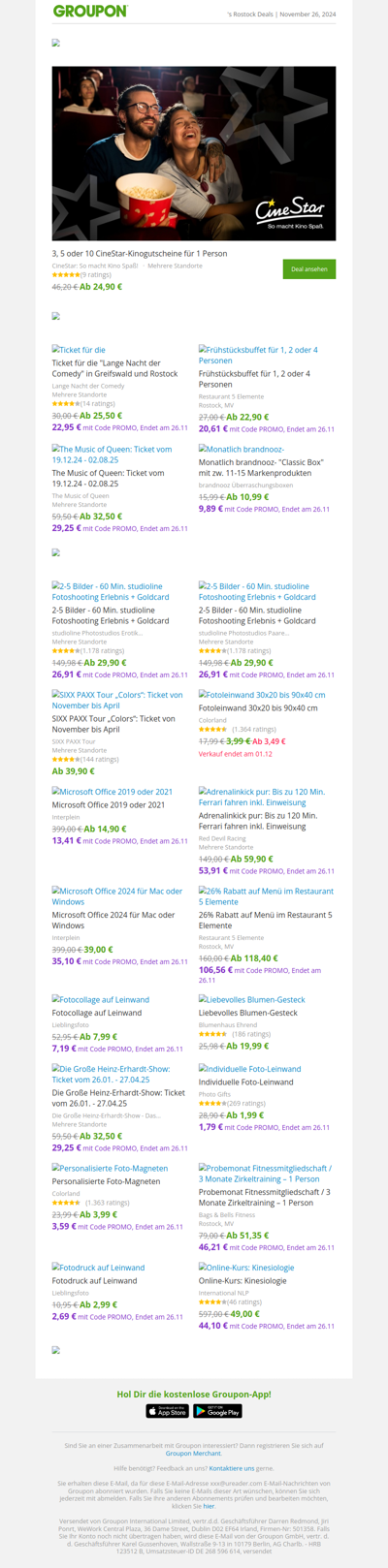 3, 5 oder 10 CineStar-Kinogutscheine für 1 Person / Ticket für die 