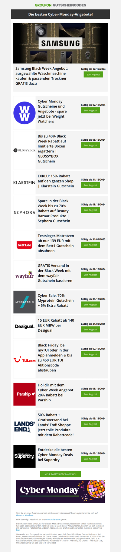 Cyber Monday Angebote: Samsung - Trockner GRATIS • Klarstein - 15% • wayfair - Gratis Versand