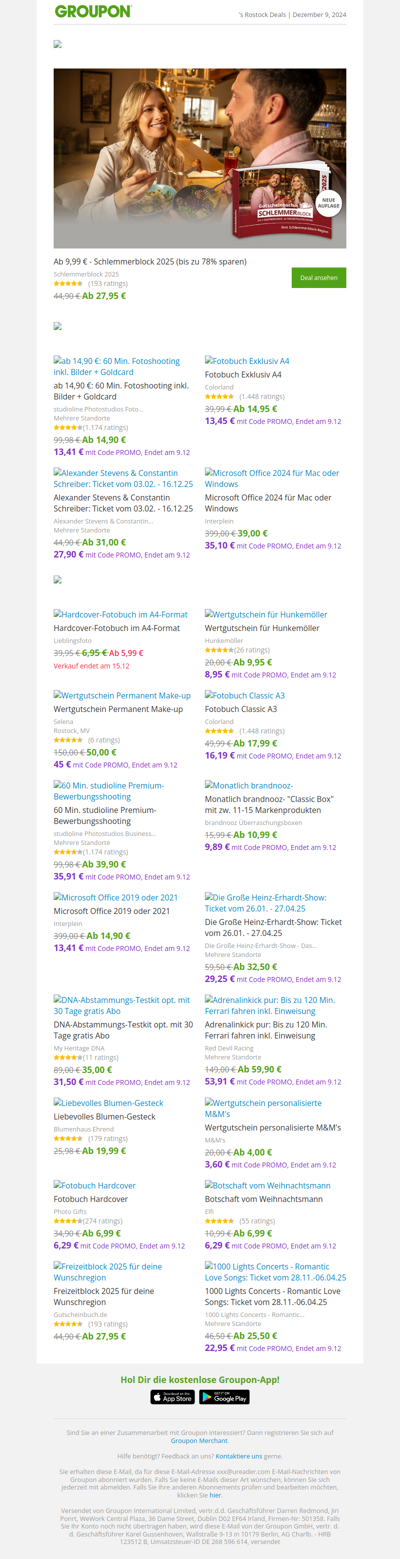 Ab 9,99 € - Schlemmerblock 2025 (bis zu 78% sparen) / ab 14,90 €: 60 Min. Fotoshooting inkl. Bilder + Goldcard