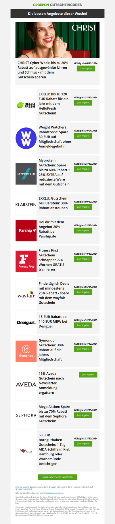 Hello Fresh - 120 EUR • Christ - 20% • Weight Watchers - 30 EUR