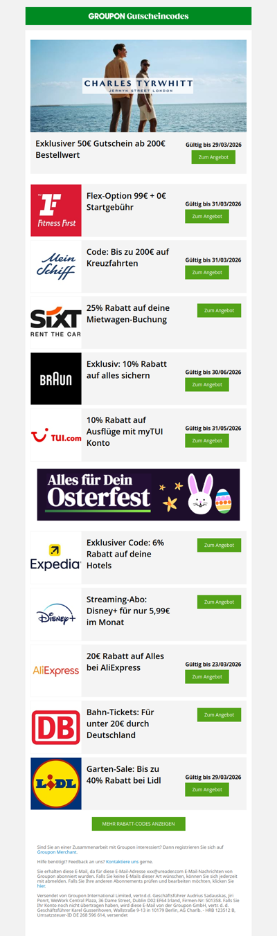 Exklusiv: 50€ bei Charles Tyrwhitt & Kreuzfahrt-Code