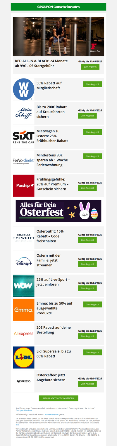 Fitness First ab 99€, 50% WW & 200€ Kreuzfahrt 🐣