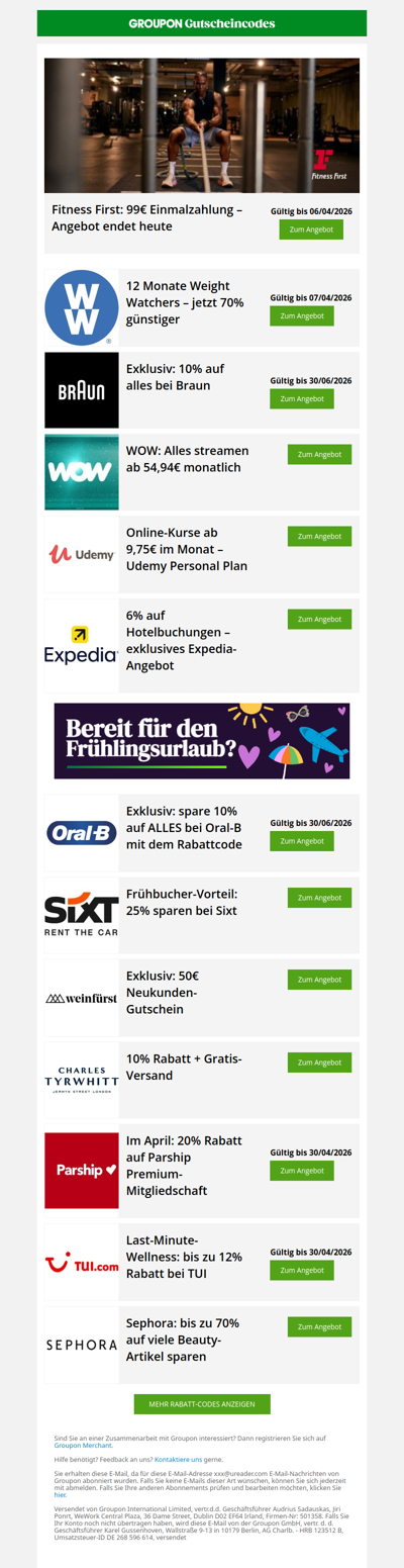 Heute noch: 99€ bei Fitness First + 70% bei WW