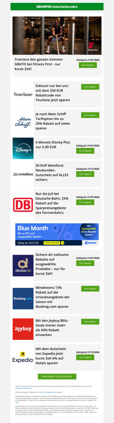 Fitness First GRATIS, Tourlane 250€, Mein Schiff -20%