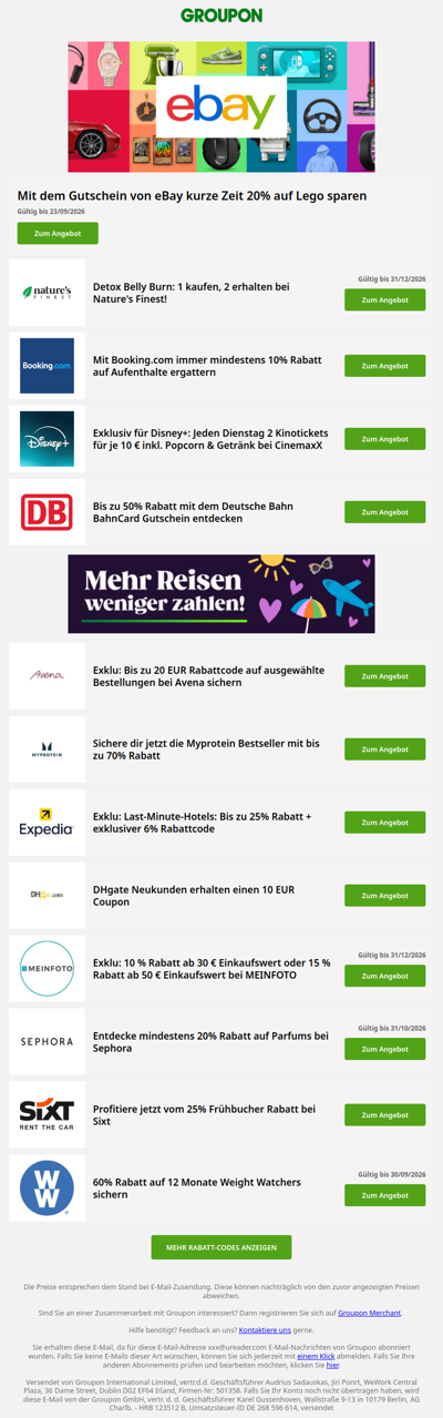 eBay - 20% auf Lego • Sephora - 20% • Weight Watchers - 60% Rabatt