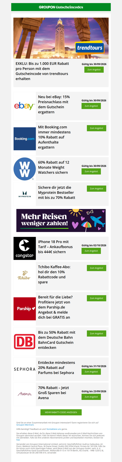 Trendtours - 1.000€ • Myprotein - 70% • Booking.com - 10%